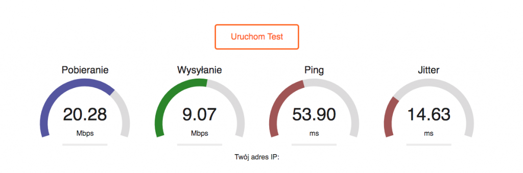 Wynik pomiaru Speed Test Online dla internetu Orange